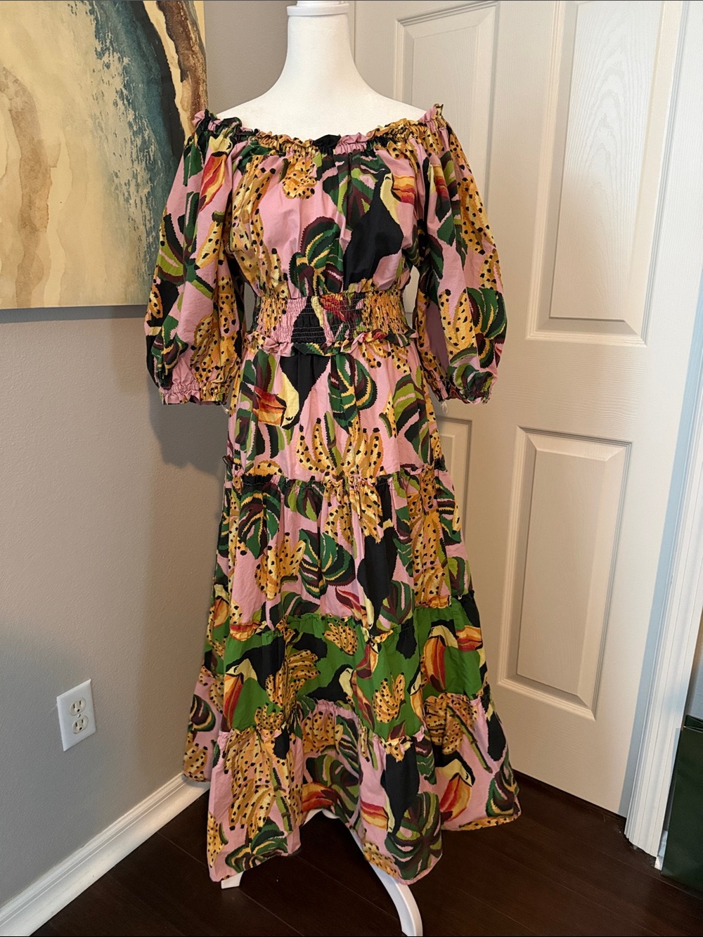 FARM Rio Pink Tropical Leaf & Spot Print Off-Shoulder Maxi Dress